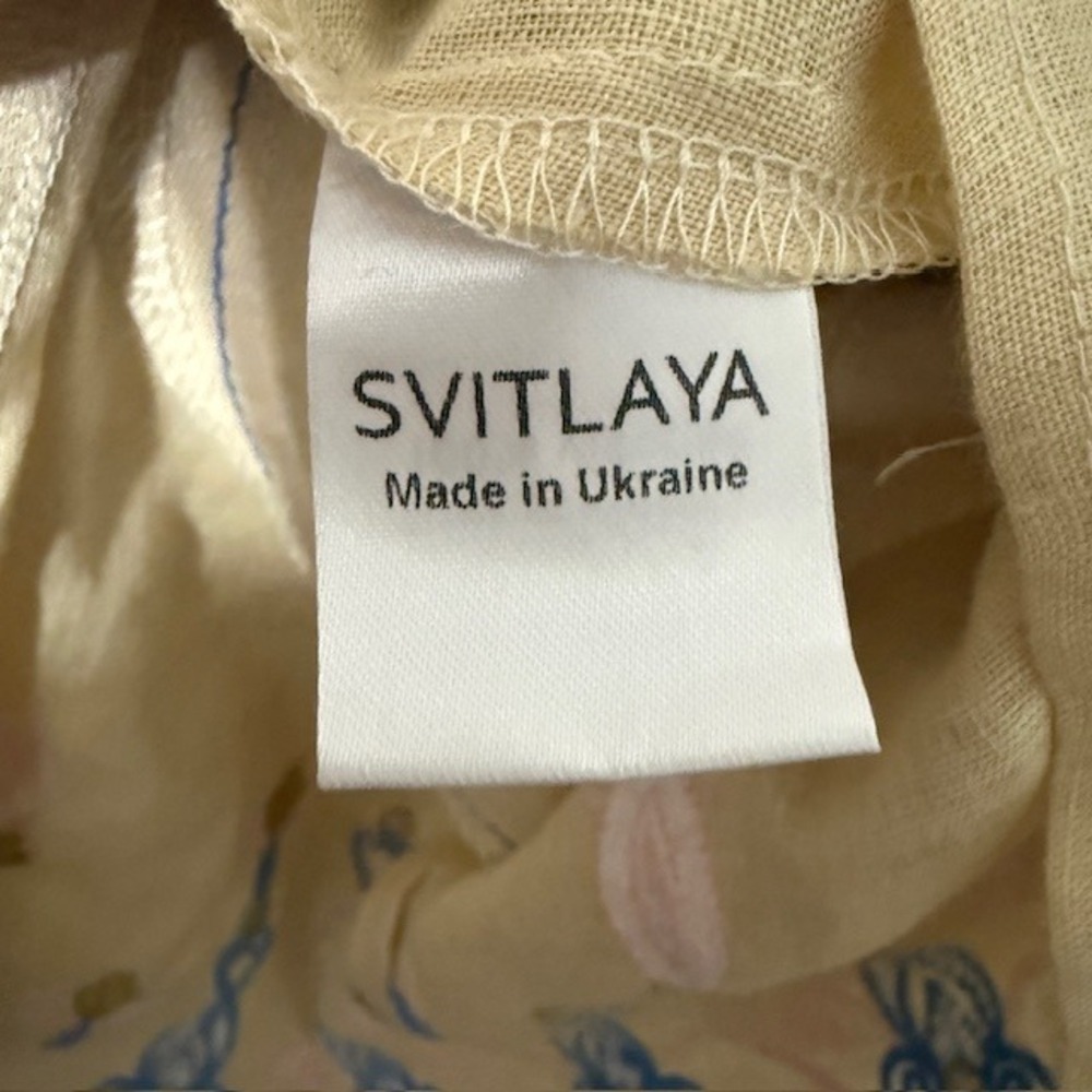 Svitlaya Embroidered Linen Tunic Dress Tan Blue Tassel Bell Sleeve L - Picture 11 of 11
